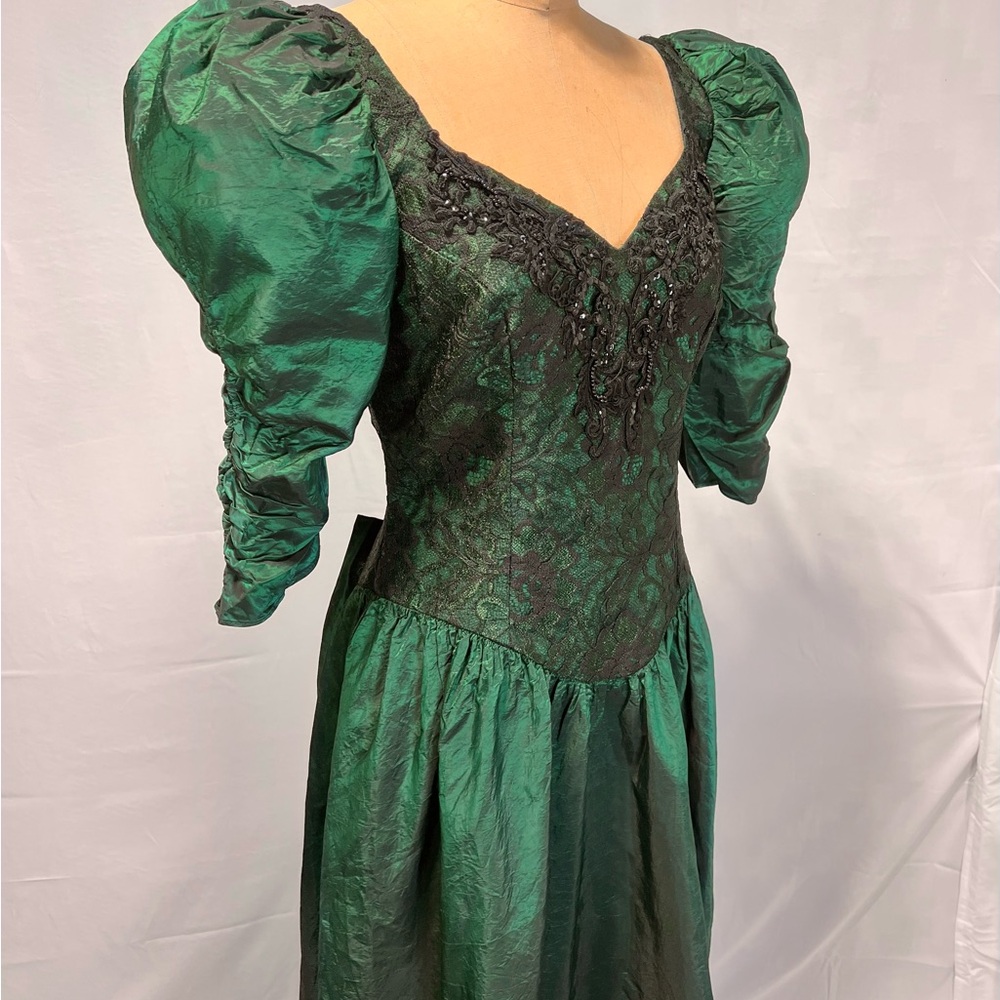 VINTAGE 80s holographic prom gown formal dress dark moody emerald forest lace - Picture 7 of 17